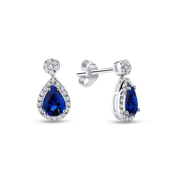 Pear-Shaped Sapphire Earrings with Diamond Halo in Gold